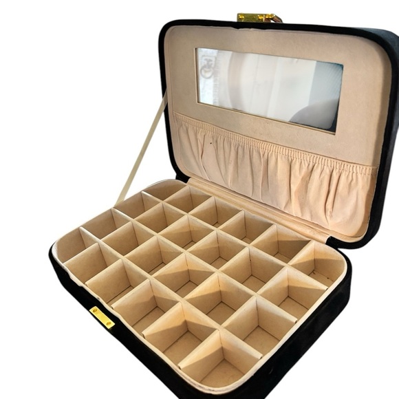 VTG Large Suede Black Compartment Jewelry Box Gold Hardware Mirror 10.5X7 Pocket - Picture 1 of 6